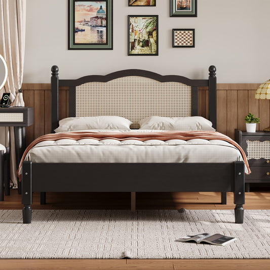 Full Size Wooden Platform Bed with Natural Rattan Headboard, Vintage Bed Frame with Wooden Slat Support, Black