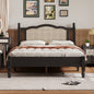 Full Size Wooden Platform Bed with Natural Rattan Headboard, Vintage Bed Frame with Wooden Slat Support, Black