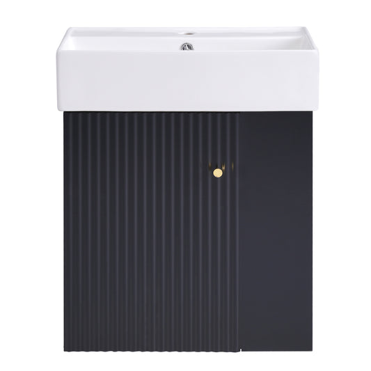 Modern Floating Bathroom Vanity with Ceramic Basin and Right Side Storage, Black, 21.6 Inches