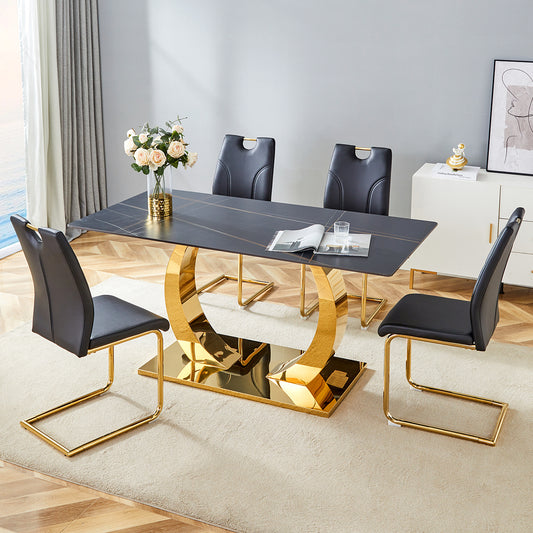 Table and chair set.63x31.5-inch Sintered Stone Dining Table.Paired with 4 Uniquely designed black dining chairs with Golden Metal Leg.Black Texture Design Tabletop,Golden stainless steel table leg.