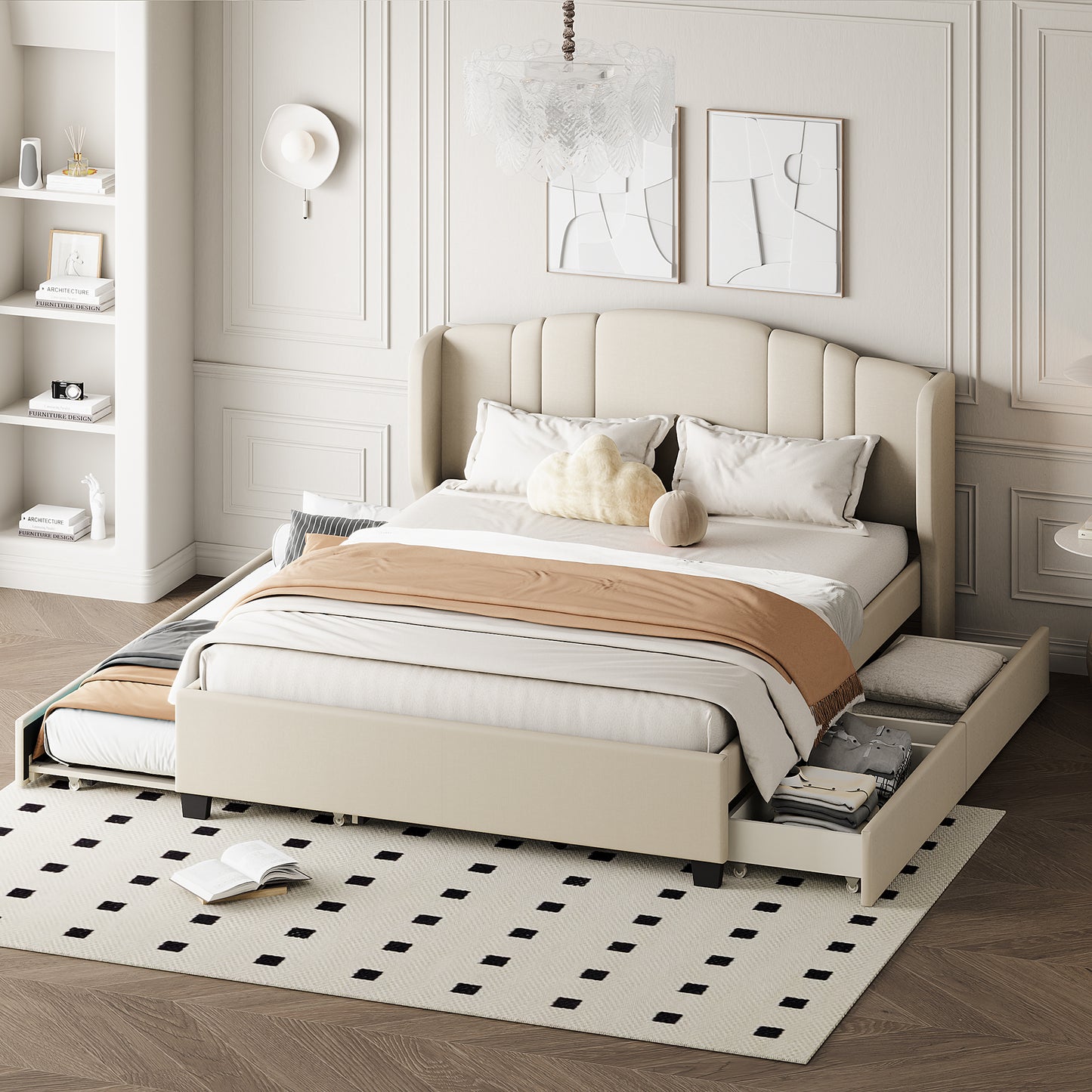 Upholstered Platform Bed with Wingback Headboard, One Twin Trundle and 2 Drawers, No Box Spring Needed, Linen Fabric, Queen Size Beige