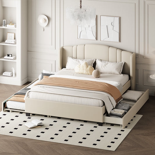 Upholstered Platform Bed with Wingback Headboard, One Twin Trundle and 2 Drawers, No Box Spring Needed, Linen Fabric, Queen Size Beige