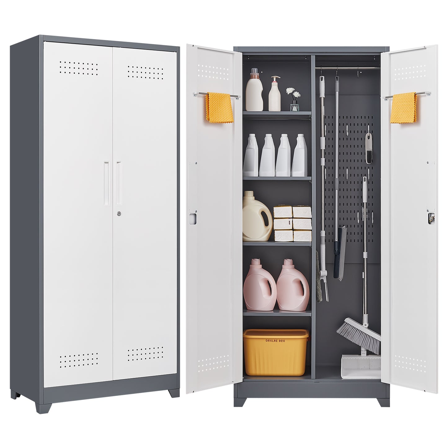 Metal Storage Cabinets,  Cleaning Tool Cabinet with Locking Door, Tall Broom Tool Organizer and Storage, Large Storage Cabinet for Kitchen, Pantry, Office, Shop