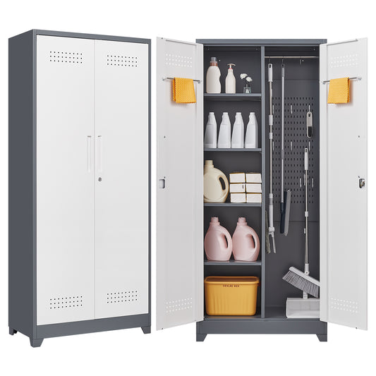 Metal Storage Cabinets,  Cleaning Tool Cabinet with Locking Door, Tall Broom Tool Organizer and Storage, Large Storage Cabinet for Kitchen, Pantry, Office, Shop
