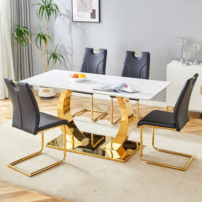Table and chair set.63x31.5-inch Sintered Stone Table.Paired with 4 Uniquely designed black dining chairs with Golden Metal Leg.Modern Snow Mountain Stone White Design TableTop,Golden metal legs.