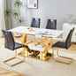 Table and chair set.63x31.5-inch Sintered Stone Table.Paired with 4 Uniquely designed black dining chairs with Golden Metal Leg.Modern Snow Mountain Stone White Design TableTop,Golden metal legs.