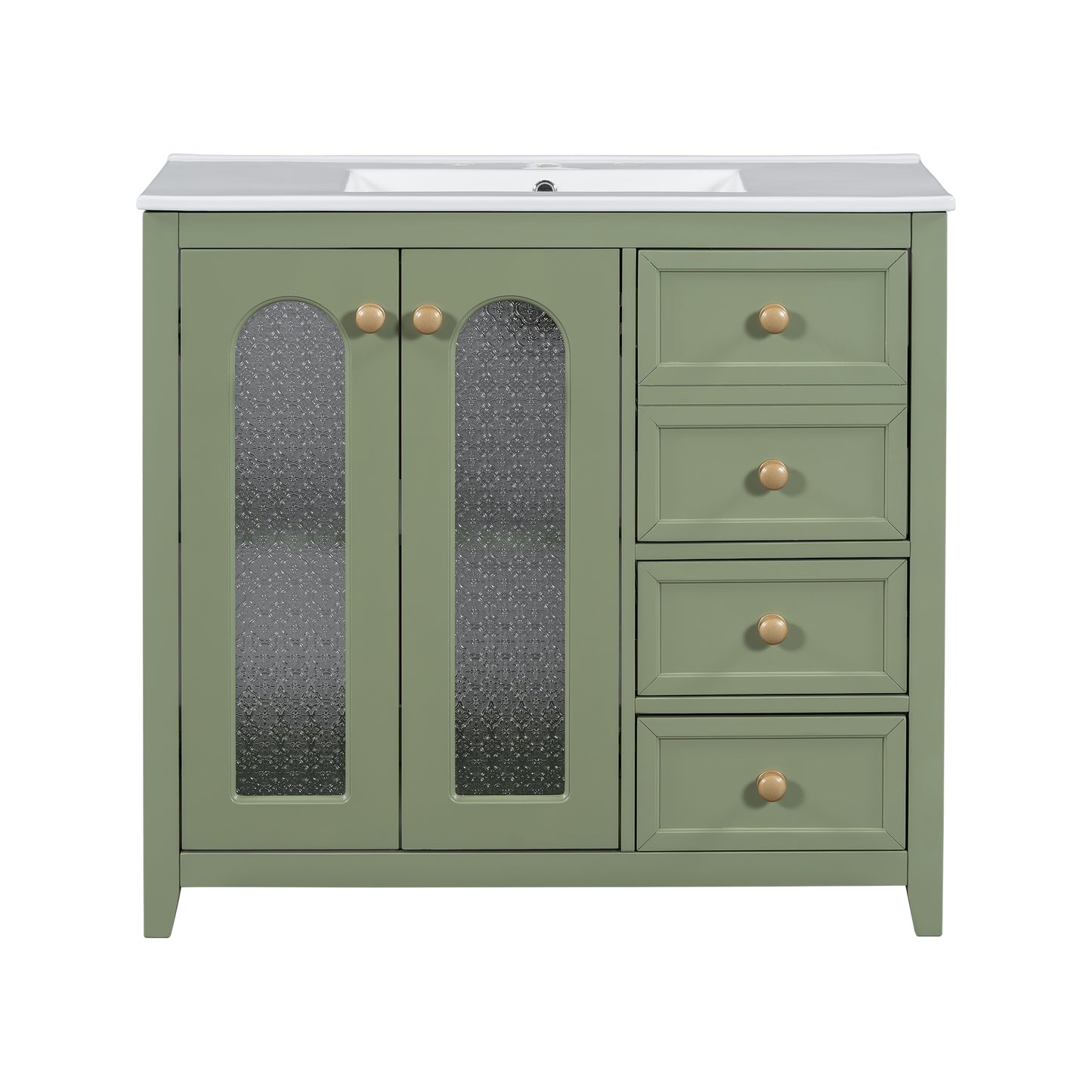 Green Transitional Bathroom Vanity with Ceramic Basin, Gold Handles, 2 Soft-Close Doors, Adjustable Shelves, and 3 Drawers - 36-Inch