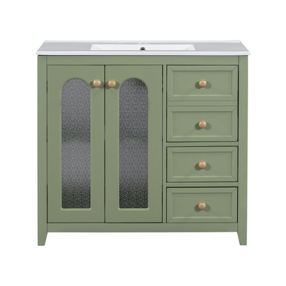 Green Transitional Bathroom Vanity with Ceramic Basin, Gold Handles, 2 Soft-Close Doors, Adjustable Shelves, and 3 Drawers - 36-Inch