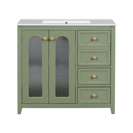 Green Transitional Bathroom Vanity with Ceramic Basin, Gold Handles, 2 Soft-Close Doors, Adjustable Shelves, and 3 Drawers - 36-Inch