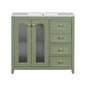 Green Transitional Bathroom Vanity with Ceramic Basin, Gold Handles, 2 Soft-Close Doors, Adjustable Shelves, and 3 Drawers - 36-Inch
