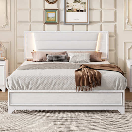 Queen Size PU Upholstered Bed, Headboard with LED Light Strips and Sparkling Shiny Decoration, No Box Spring Required, White