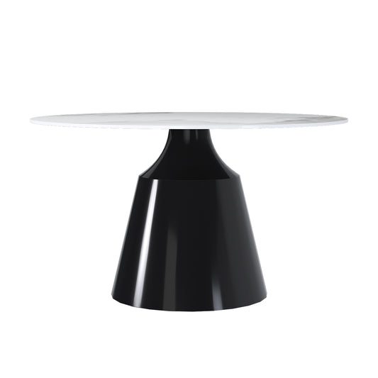 53' Marble Round Dining Table, Sintered Stone Round Dining Table with Stainless Steel Cone Base, Sturdy Dining Table for Kitchen Dining Room for 4-6 people