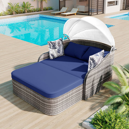 GO 79.9' Outdoor Sunbed with Adjustable Canopy, Daybed With Pillows, Double lounge, PE Rattan Daybed, Gray Wicker And Blue Cushion