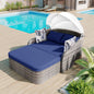 GO 79.9' Outdoor Sunbed with Adjustable Canopy, Daybed With Pillows, Double lounge, PE Rattan Daybed, Gray Wicker And Blue Cushion
