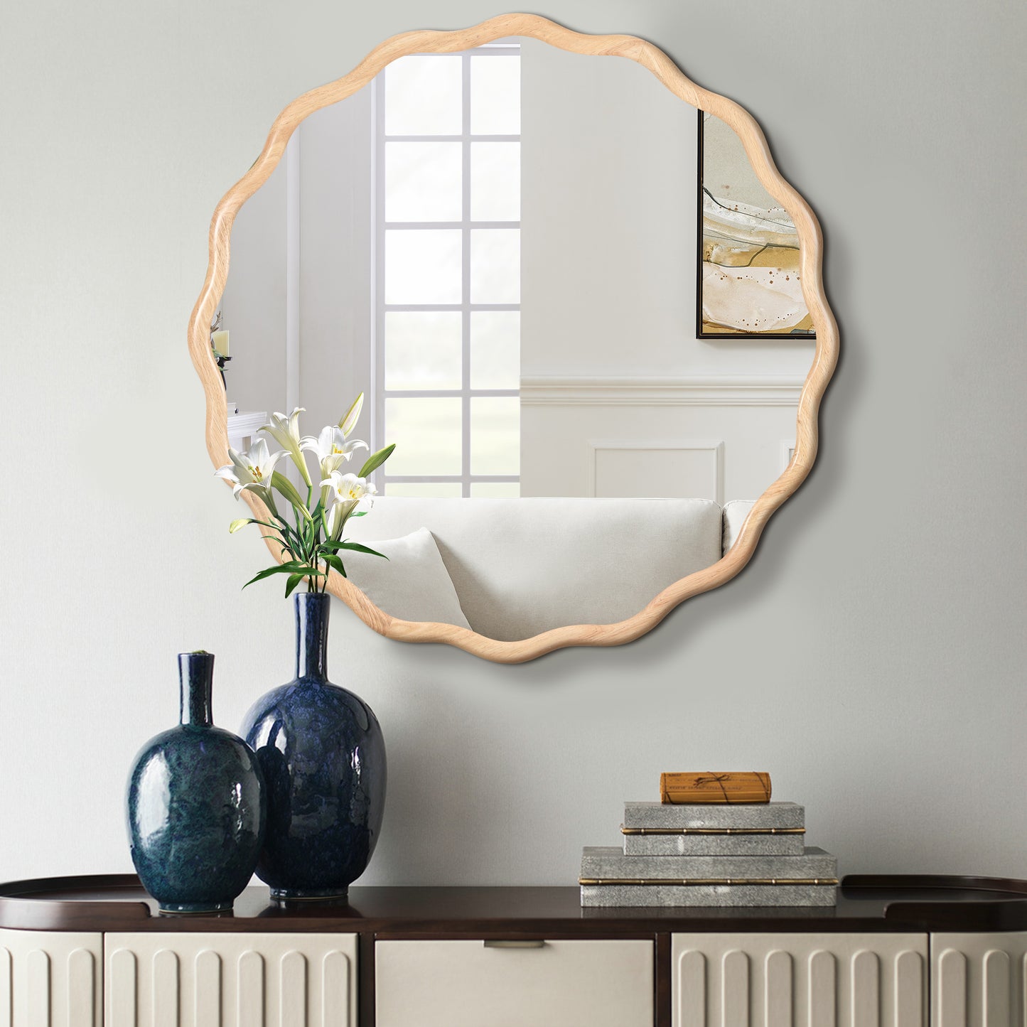 Solid Wood Wavy Mirror--Natural-Wood Vanity Mirror Wall Decor 36' x 36' Modern Mirror Wall Decor for Bathroom, Bedroom, Living Room, Dining Room, Cloakroom, Entryway