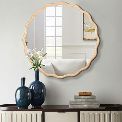 Solid Wood Wavy Mirror--Natural-Wood Vanity Mirror Wall Decor 36' x 36' Modern Mirror Wall Decor for Bathroom, Bedroom, Living Room, Dining Room, Cloakroom, Entryway