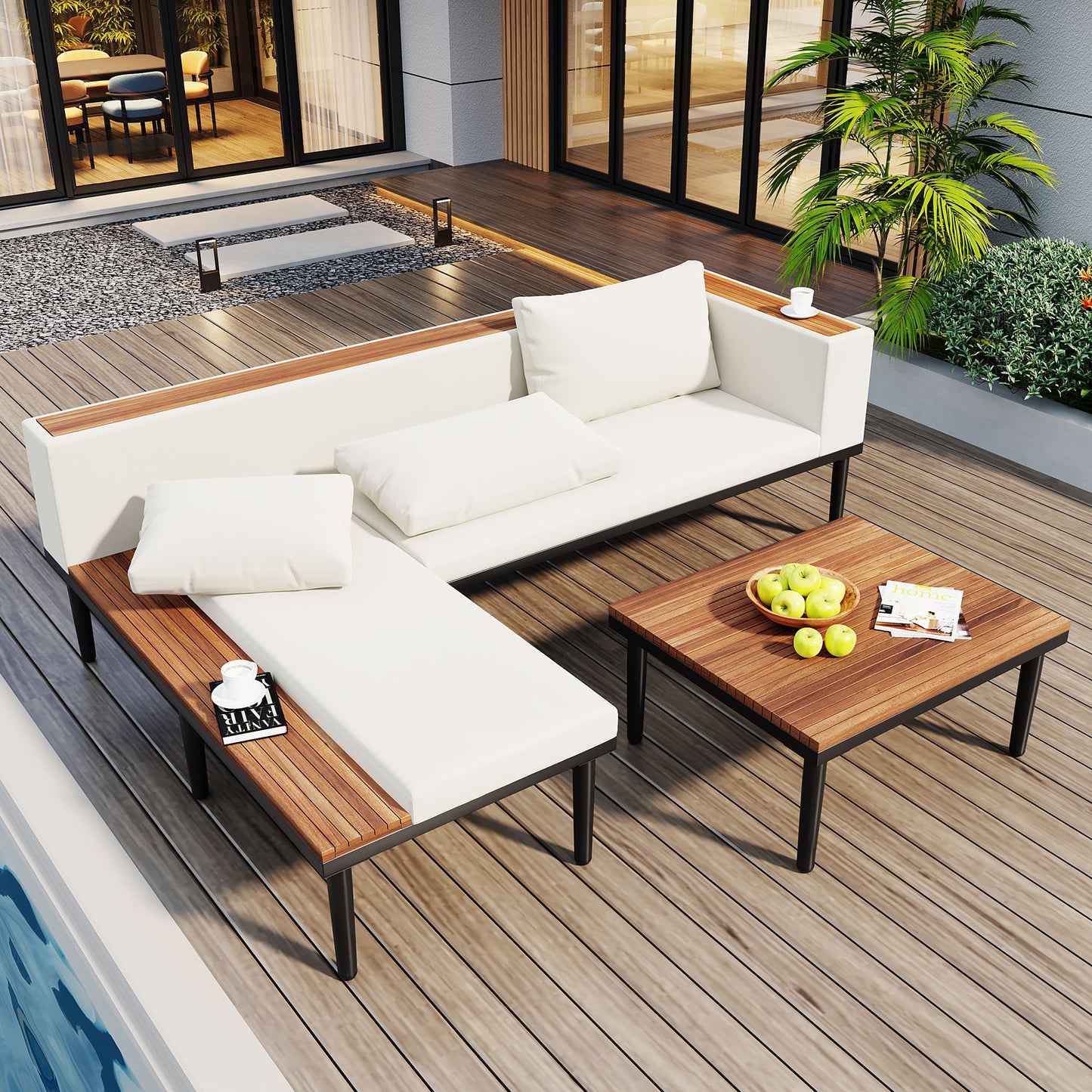 Luxury Patio Furniture Set with Removable Cushions and Coffee Table, L-Shaped  Acacia Wood Sofa with Side table, Outdoor Conversation Sectional Sofa  for Backyard, Porch, Beige