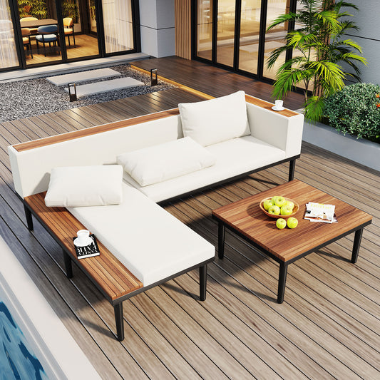 Luxury Patio Furniture Set with Removable Cushions and Coffee Table, L-Shaped  Acacia Wood Sofa with Side table, Outdoor Conversation Sectional Sofa  for Backyard, Porch, Beige