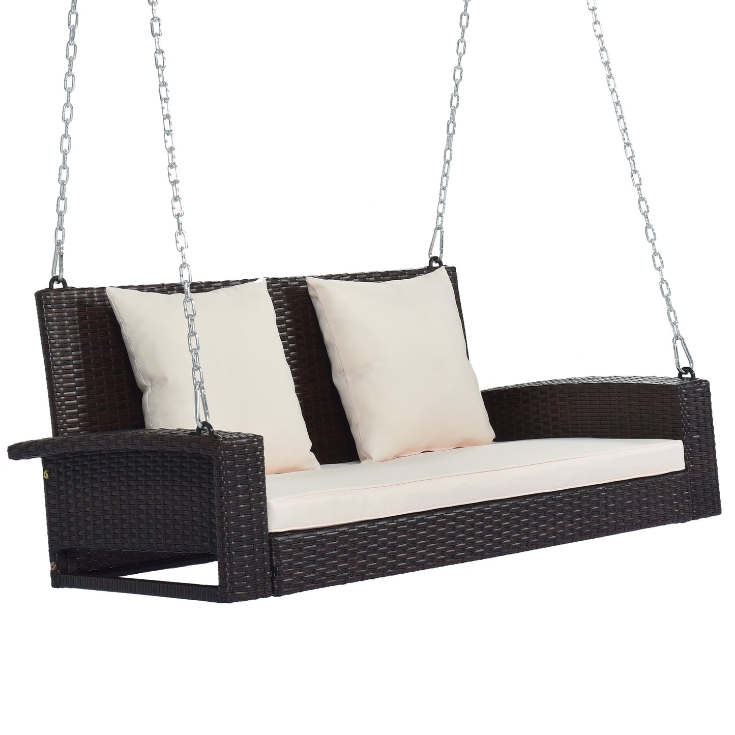2-Person Wicker Hanging Porch Swing with Chains, Cushion, Pillow, Rattan Swing Bench for Garden, Backyard, Pond