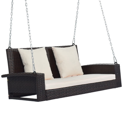 2-Person Wicker Hanging Porch Swing with Chains, Cushion, Pillow, Rattan Swing Bench for Garden, Backyard, Pond