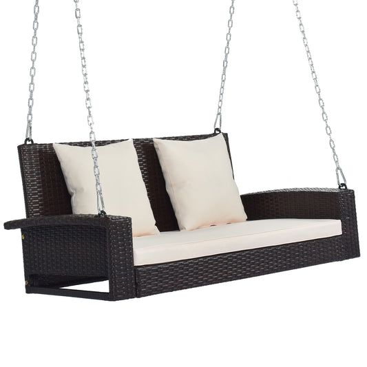 2-Person Wicker Hanging Porch Swing with Chains, Cushion, Pillow, Rattan Swing Bench for Garden, Backyard, Pond