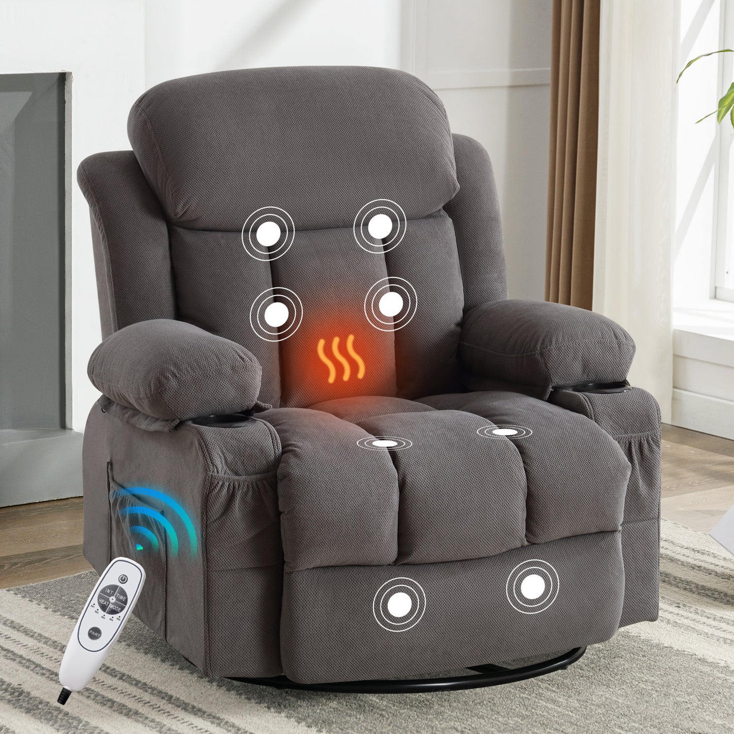 Swinging recliner massage heated sofa, with USB and 2 cup holders in side pockets (GREY )