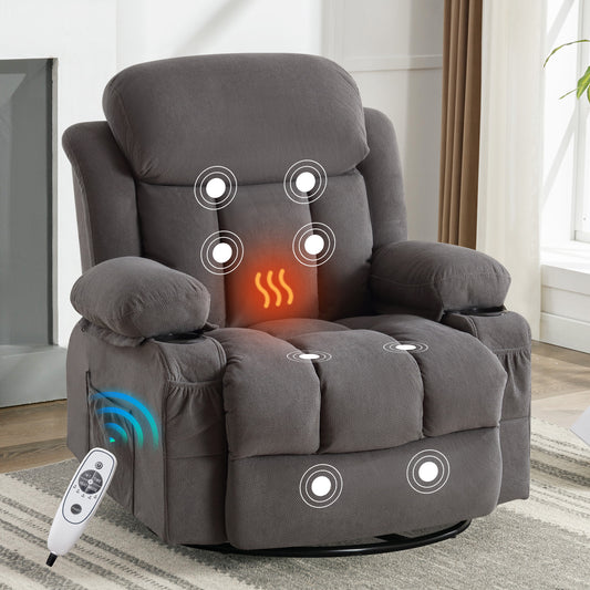 Swinging recliner massage heated sofa, with USB and 2 cup holders in side pockets (GREY )