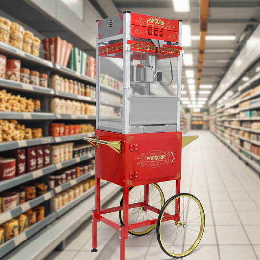 Popcorn Machine with Cart: This popcorn machine on wheels combines an antique-style design with modern features. The cart includes 16' bicycle-style wheels and a cabinet with storage space for popcorn