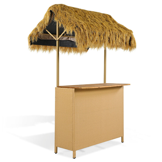 Hawaiian-style Bar Height Patio Set with PE Grass Canopy, Outdoor Bar Table and Stools with Adjustable Feet, Natural