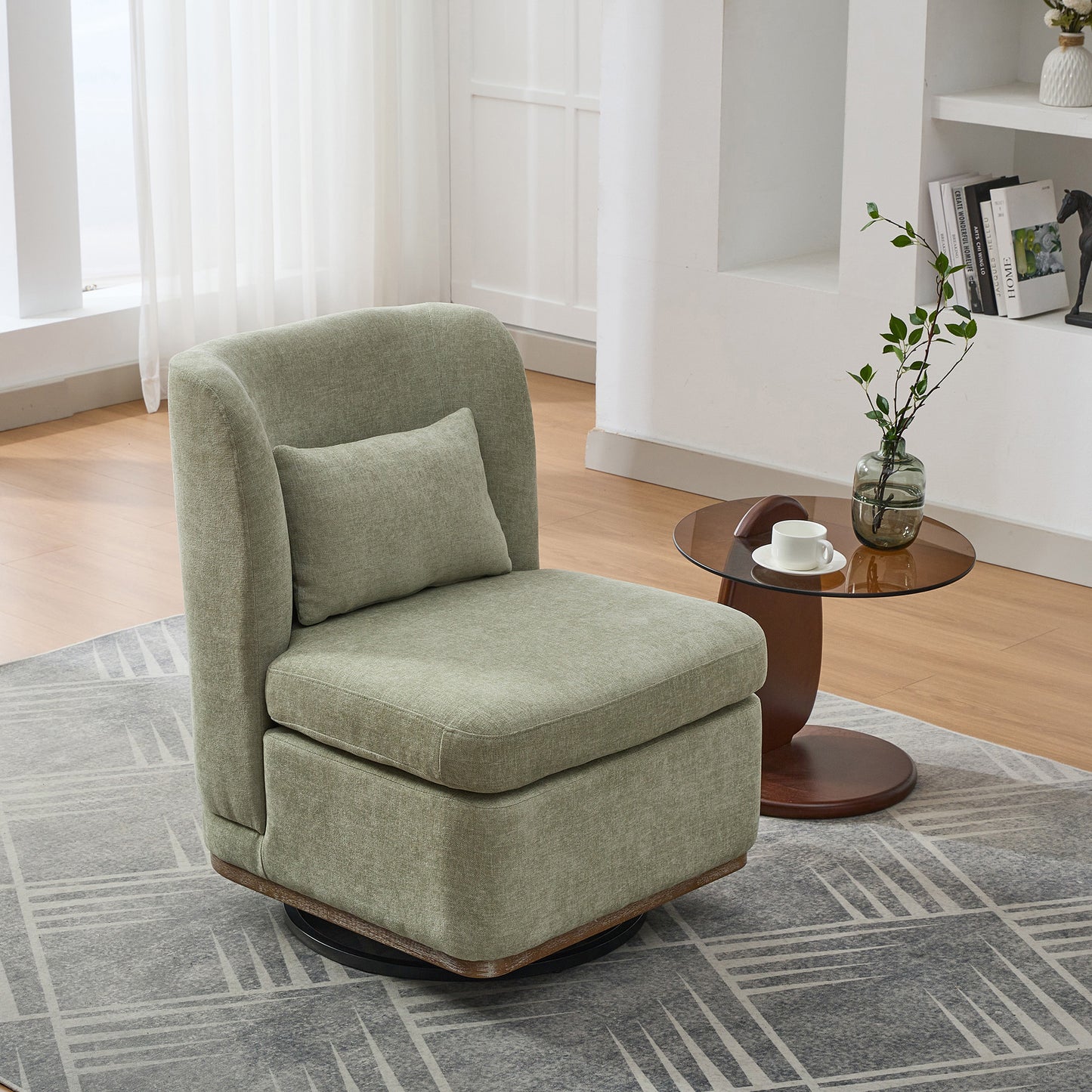 25.2 'Wide Modern Chenille Cushioned Armless Metal Base 360° Swivel Chair with Pillow, Suitable for Living Room, Family Room, Bedroom, Lounge Area, Office.  Pale Green