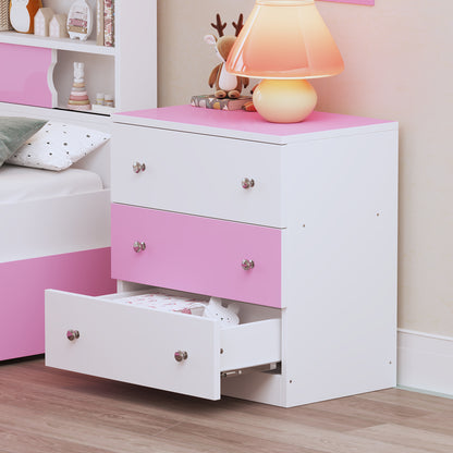 3-Drawer Wooden Nightstand with Colorblock Design and Metal Handle, Wood Side Table with Storage Cabinet for Bedroom, White+Pink