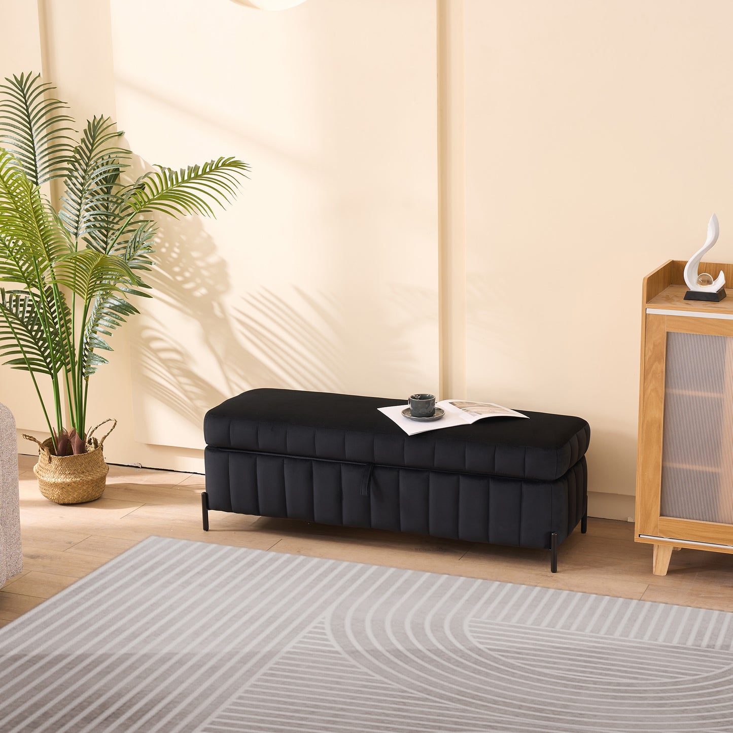49.21'Wide Velvet Storage Soft Bench  for Living Room, Entryway and Bedroom. Black