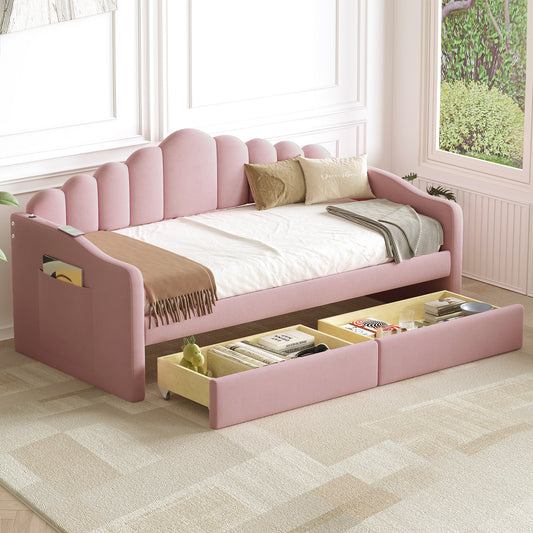 Twin size Upholstered Daybed with 2 Drawers ,Velvet Sofabed with USB Charging Ports,No Box-spring Needed,Pink