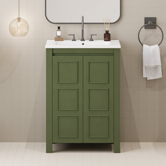 24' Vintage Style Small Bathroom Vanity with Ceramic Sink, 2 Soft-close Doors, Adjustable Shelf
