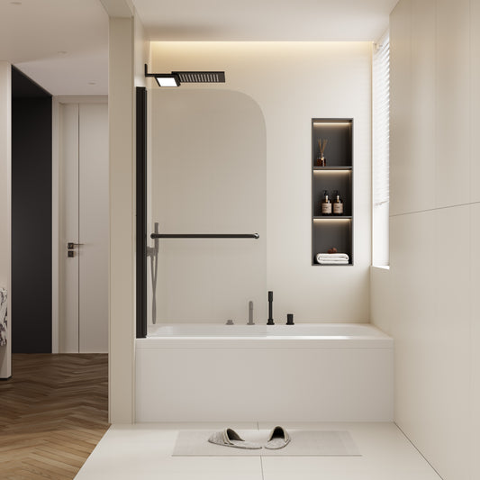 30 in. W * 58 in. H Rise and down rotation shaft door Shower Doors for Bathtub, 1/4' (6mm) Thick SGCC Tempered Glass Door, Bathroom Tub Glass single Door, Aluminium Alloy Matte Black Finish