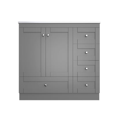 36 Inch Shaker Style Free-Standing Bathroom Vanity Cabinet with Ceramic Sink, Soft-Close Drawers, Soft-Close Doors, Gray MDF