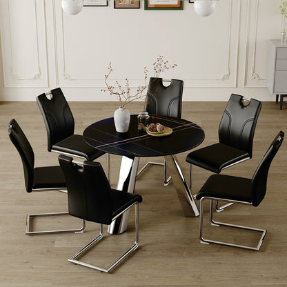 Table and chair set.A 42-inch stainless steel leg round table.Paired with 6 Uniquely designed Black Dining Chairs With Silver Metal Leg.Sintered Stone Tabletop,Stainless Steels Table Legs.
