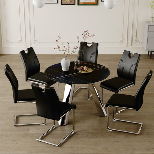 Table and chair set.A 42-inch stainless steel leg round table.Paired with 6 Uniquely designed Black Dining Chairs With Silver Metal Leg.Sintered Stone Tabletop,Stainless Steels Table Legs.