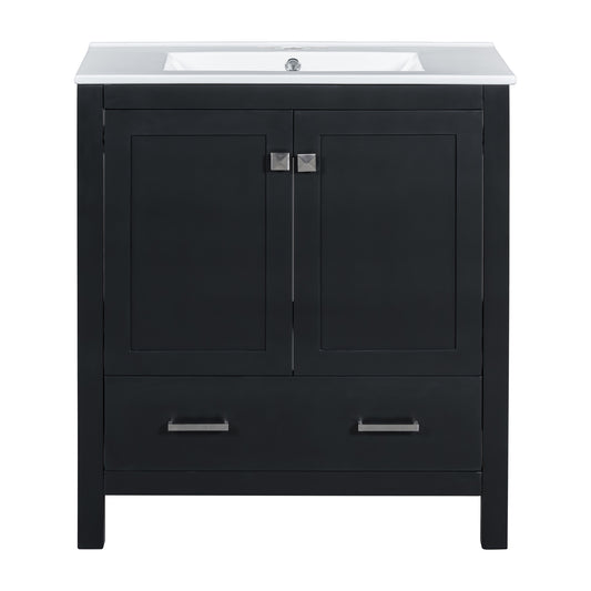 Transitional 30' Black Bathroom Vanity with Single Sink, Soft Close Doors, Solid Wood Frame, Ceramic Undermount Sink