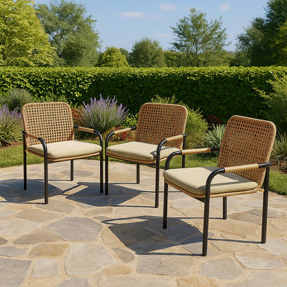3-Piece Outdoor Dining Chairs Set, Rattan Backrest Patio Chairs with Removable Oatmeal Cushions, 400 lbs Capacity, All-Weather Wicker Chairs for Garden, Backyard and Porch