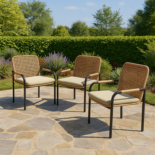 3-Piece Outdoor Dining Chairs Set, Rattan Backrest Patio Chairs with Removable Oatmeal Cushions, 400 lbs Capacity, All-Weather Wicker Chairs for Garden, Backyard and Porch
