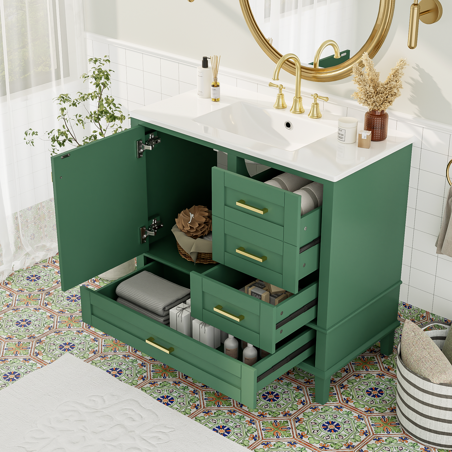 36' Green Bathroom Vanity with Solid Pine Frame, 1 Soft Close Door and 3 Drawers , Modern Storage Cabinet (The Same Series as WF321698)