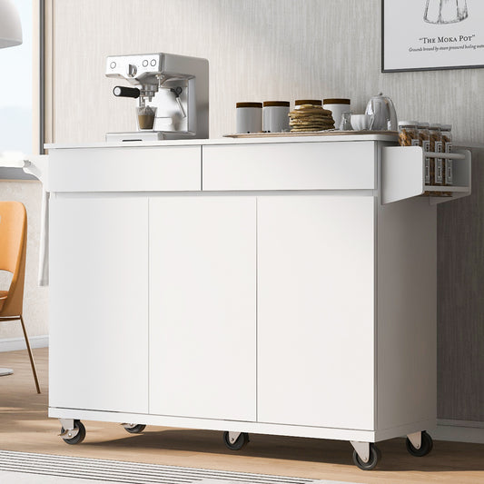 K&K 53.2''  Kitchen Island with Drop Leaf, Kitchen Storage Cart with Spice Rack, Towel Rack and 2 Drawers, Rolling Kitchen Island on Wheels with Adjustable Shelves for Kitchen, Dining Room, White
