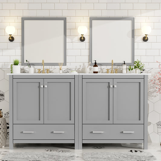 60' Grey Bathroom Vanity Set with Double Vanities (Separate), Double Ceramic Sinks, Storage Shelf, and Divided Drawers  (Mirror not included)– Modern Bathroom Solution for Spacious Bathrooms