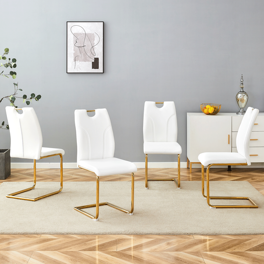 White PU Dining Chair Set.Uniquely designed white dining chairs. PU material, paired with gold metal chair legs. Suitable for offices, restaurants, kitchens, conference rooms, etc.(Set of 4)