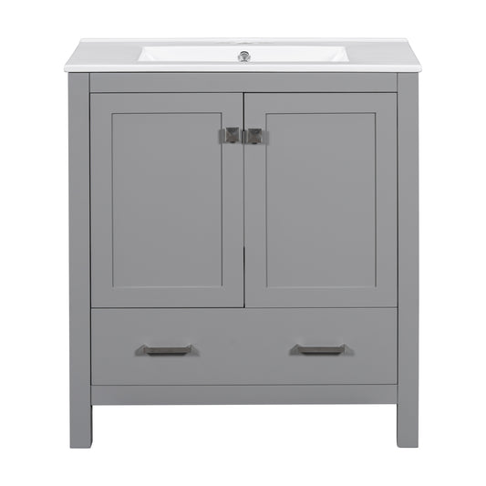 Transitional 30' Gray Bathroom Vanity with Single Sink, Solid Wood Frame, Soft Closing Storage