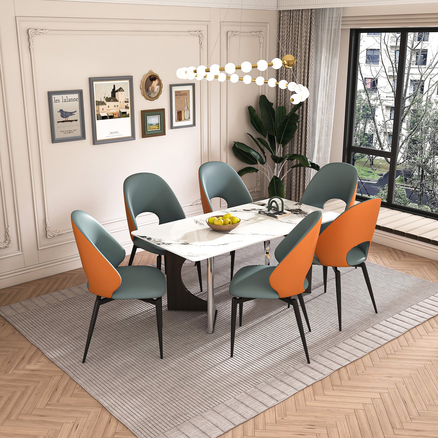 Marble Dining Table for 6-8, 71' Modern Luxury Dining Room Table for Kitchen, Carrara Gold Rectangular Table with Stainless Steel Base with 6 Gray Chairs