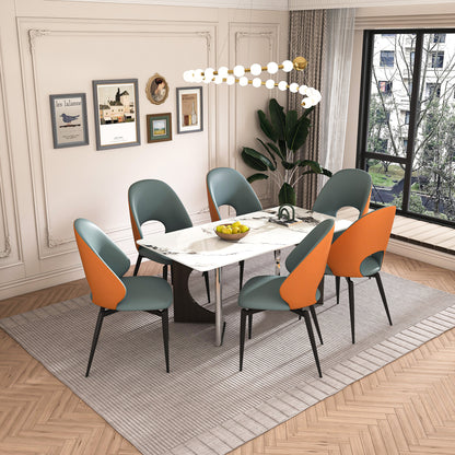 Marble Dining Table for 6-8, 71' Modern Luxury Dining Room Table for Kitchen, Carrara Gold Rectangular Table with Stainless Steel Base with 6 Gray Chairs