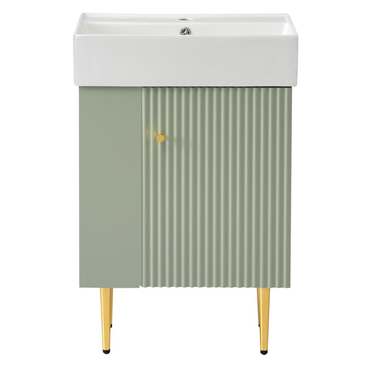 Modern Green Bathroom Vanity with Ceramic Sink, Left Side Storage, MDF Cabinet, Gold Legs, 21.6' W
