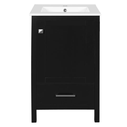 20-Inch Modern Bathroom Vanity with Ceramic Sink, Soft-Close Drawer & Door, Double-Layer Door Organizer, Divider Drawer, Adjustable Foot Pads – Black Solid Wood+MDF Frame with Silver Zinc Alloy Handle